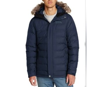 NWT Eddie Bauer Men's 650 Fill Down Parka Jacket Blue Large Hood